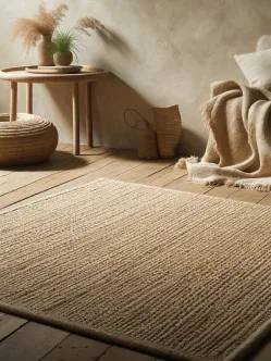 A jute rug on a wooden floor