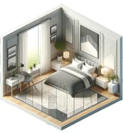 An extra-large carpet filling a bedroom, drawn as a cut-away room