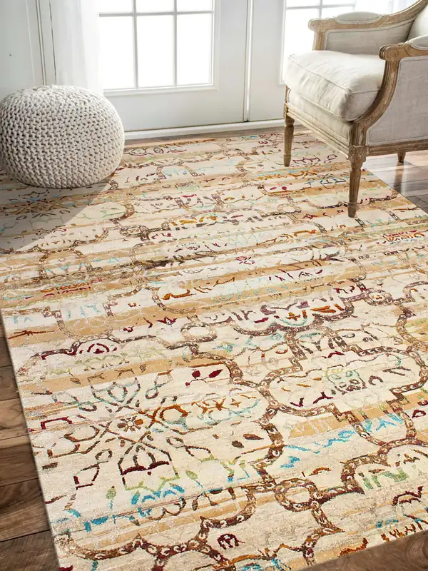An ivory sari-silk carpet in a sunlit room
