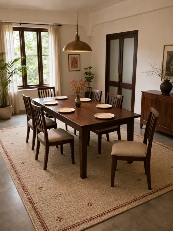 A patterned carpet under a dining table and chairs
