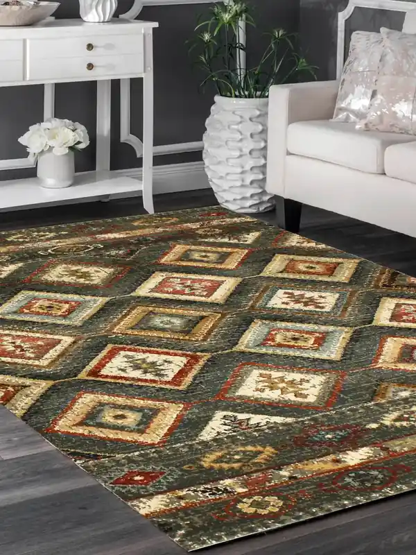 A contemporary designer carpet in a living room