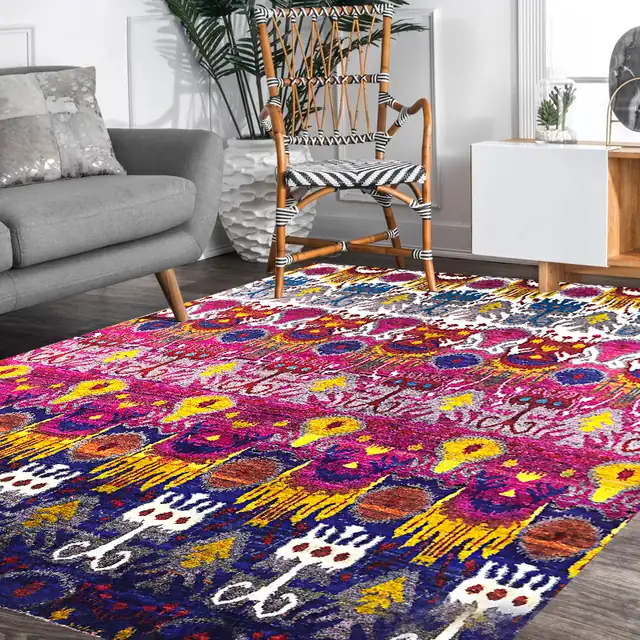 Ikat Sari Silk Multi, Hand-knotted sari silk · 8′ × 10′